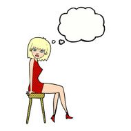 cartoon woman sitting on stool with thought bubble N18