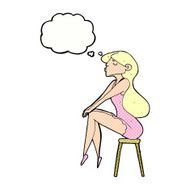 cartoon woman sitting on stool with thought bubble N19