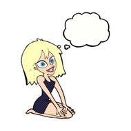 cartoon happy woman in dress with thought bubble N26