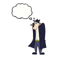 cartoon man in hat and trench coat with thought bubble N9