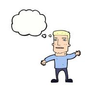 cartoon waving stressed man with thought bubble N10