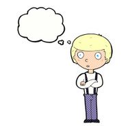 cartoon staring boy with folded arms thought bubble N10