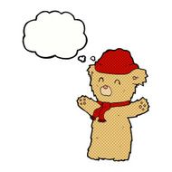 cartoon teddy bear in hat and scarf with thought bubble N2