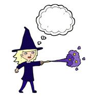 cartoon witch girl casting spell with thought bubble N18