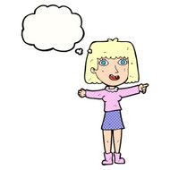 cartoon happy woman pointing with thought bubble N68