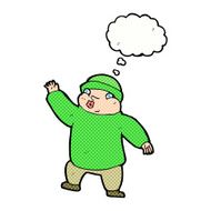 cartoon man in hat waving with thought bubble N10