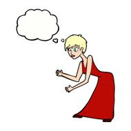 cartoon woman in dress gesturing with thought bubble N10