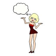 cartoon woman in cocktail dress with thought bubble N19