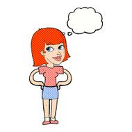 cartoon happy woman with hands on hips thought bubble N19