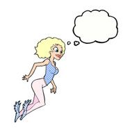 cartoon flying woman with thought bubble N10