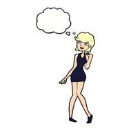 cartoon woman in cocktail dress with thought bubble N20