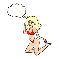 cartoon woman in underwear looking thoughtful with thought bubbl N10