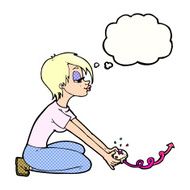 cartoon girl playing computer games with thought bubble N9