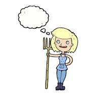 cartoon happy farmer girl with thought bubble N9