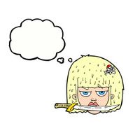 cartoon woman holding knife between teeth with thought bubble N9