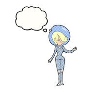 cartoon space woman with thought bubble N29
