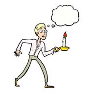 cartoon frightened man walking with candlestick thought bub N10