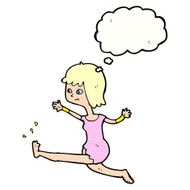 cartoon happy woman kicking with thought bubble N9