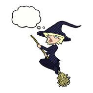cartoon witch riding broomstick with thought bubble N19