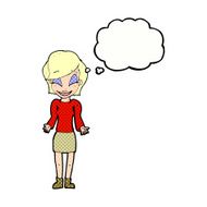 cartoon happy woman shrugging shoulders with thought bubble N20