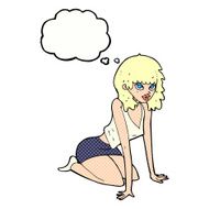 cartoon woman pulling sexy pose with thought bubble N2