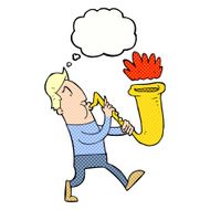 cartoon man blowing saxophone with thought bubble N6