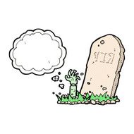 cartoon zombie rising from grave with thought bubble N7