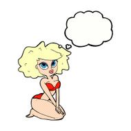 cartoon woman wearing bikini with thought bubble N8
