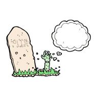 cartoon zombie rising from grave with thought bubble N8