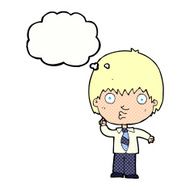 cartoon school boy answering question with thought bubble N49