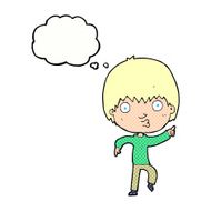 cartoon impressed boy pointing with thought bubble N10