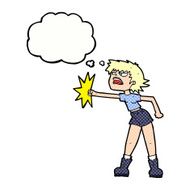 cartoon woman punching with thought bubble N10