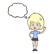 cartoon pretty girl waving with thought bubble N25
