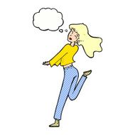 cartoon happy girl kicking out leg with thought bubble N9