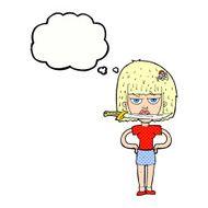 cartoon woman with knife between teeth thought bubble N37