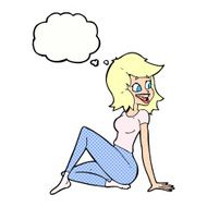 cartoon pretty woman looking happy with thought bubble N9