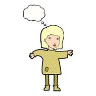 cartoon woman in patched clothing with thought bubble N10