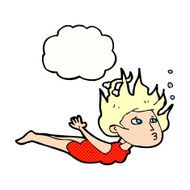 cartoon woman swimming underwater with thought bubble N10