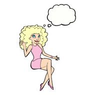 cartoon sitting woman waving with thought bubble N10