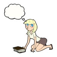 cartoon girl picking up book with thought bubble N9