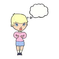 cartoon woman gesturing at self with thought bubble N29