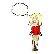 cartoon woman shrugging shoulders with thought bubble N490