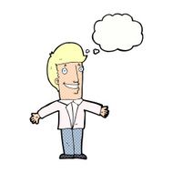 cartoon grining man with open arms thought bubble N10