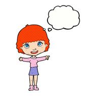 cartoon happy woman pointing with thought bubble N69