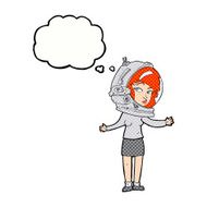 cartoon woman wearing astronaut helmet with thought bubble N10