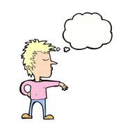 cartoon man making camp gesture with thought bubble N30