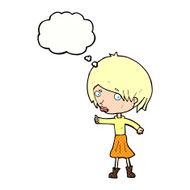 cartoon woman raising eyebrow with thought bubble N20
