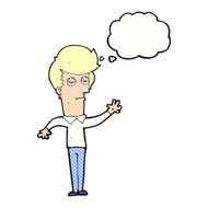 cartoon bored man waving with thought bubble N8