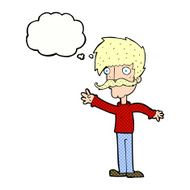 cartoon waving mustache man with thought bubble N9