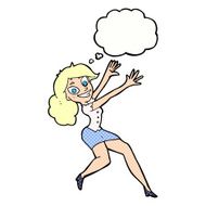 cartoon happy woman jumping with thought bubble N9